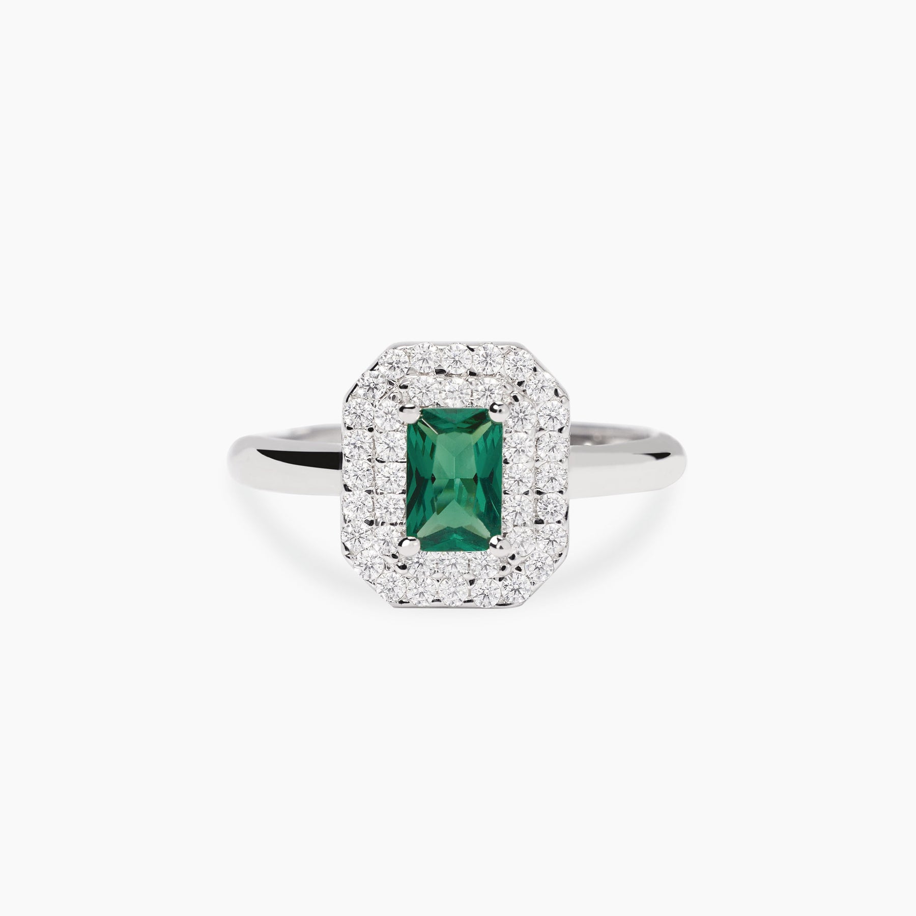 MABINA - Anello in argento con smeraldo sintetico taglio baguette e zirconi